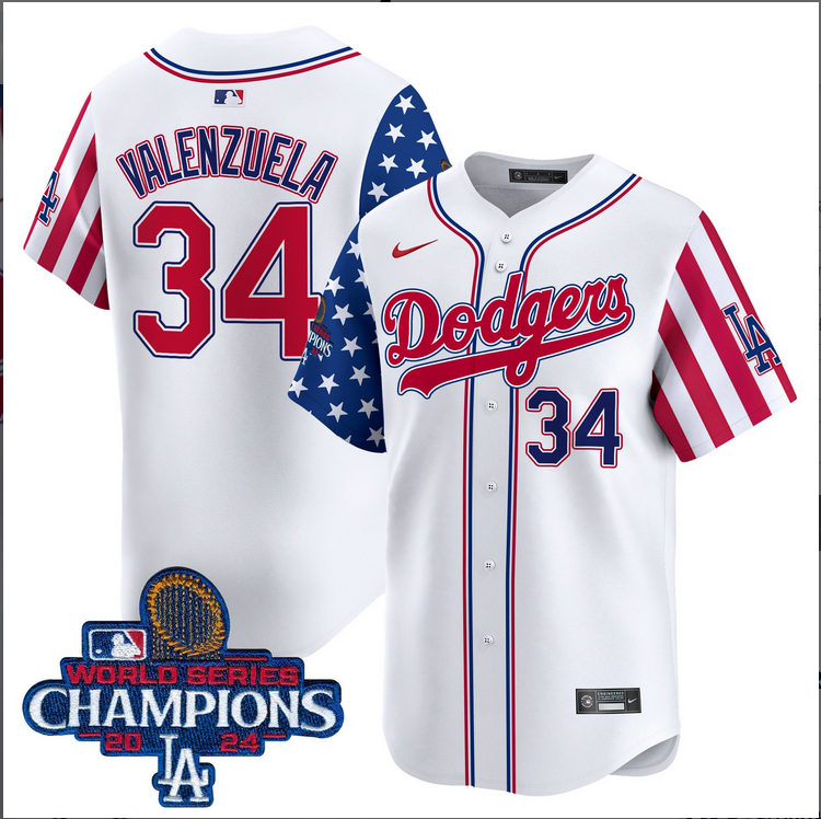 Men MLB Los Angeles Dodgers #34 Valenzuela American Style white 2024 World Series Champions  Limited Jersey